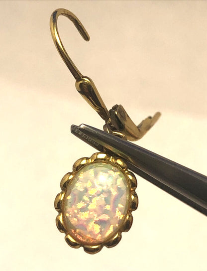 Estate 925 Sterling Silver Vermeil Oval Opal Cabochon Dangle Drop Earrings