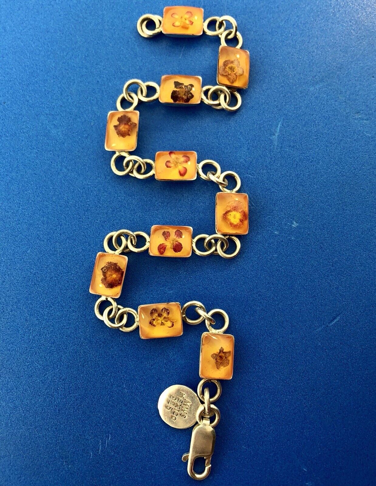 Vintage MWS Taxco Sterling Silver 925 Amber Encased Flower Bud Panel Bracelet