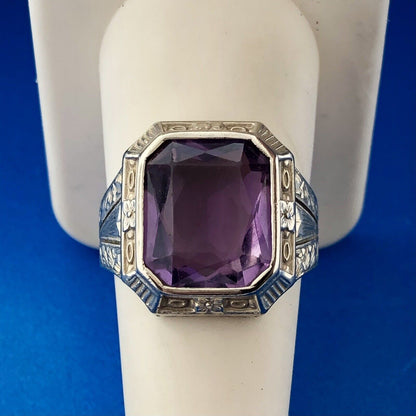 Gorgeous 14k White Gold Radiant Purple Amethyst Floral Pedestal Ring Size 8.25