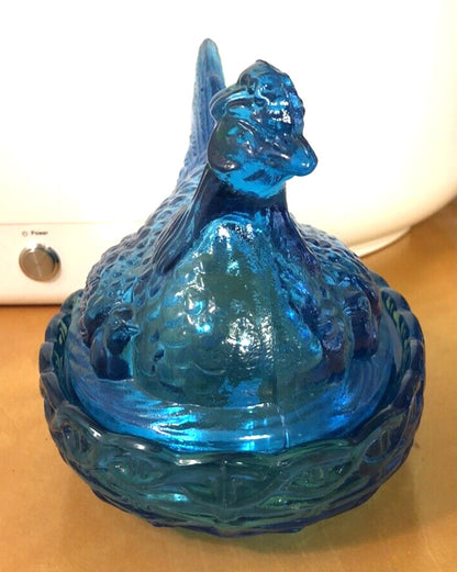 Vintage Blue Aqua Teal Glass Chicken w/Chicks Candy Trinket Dish With Lid