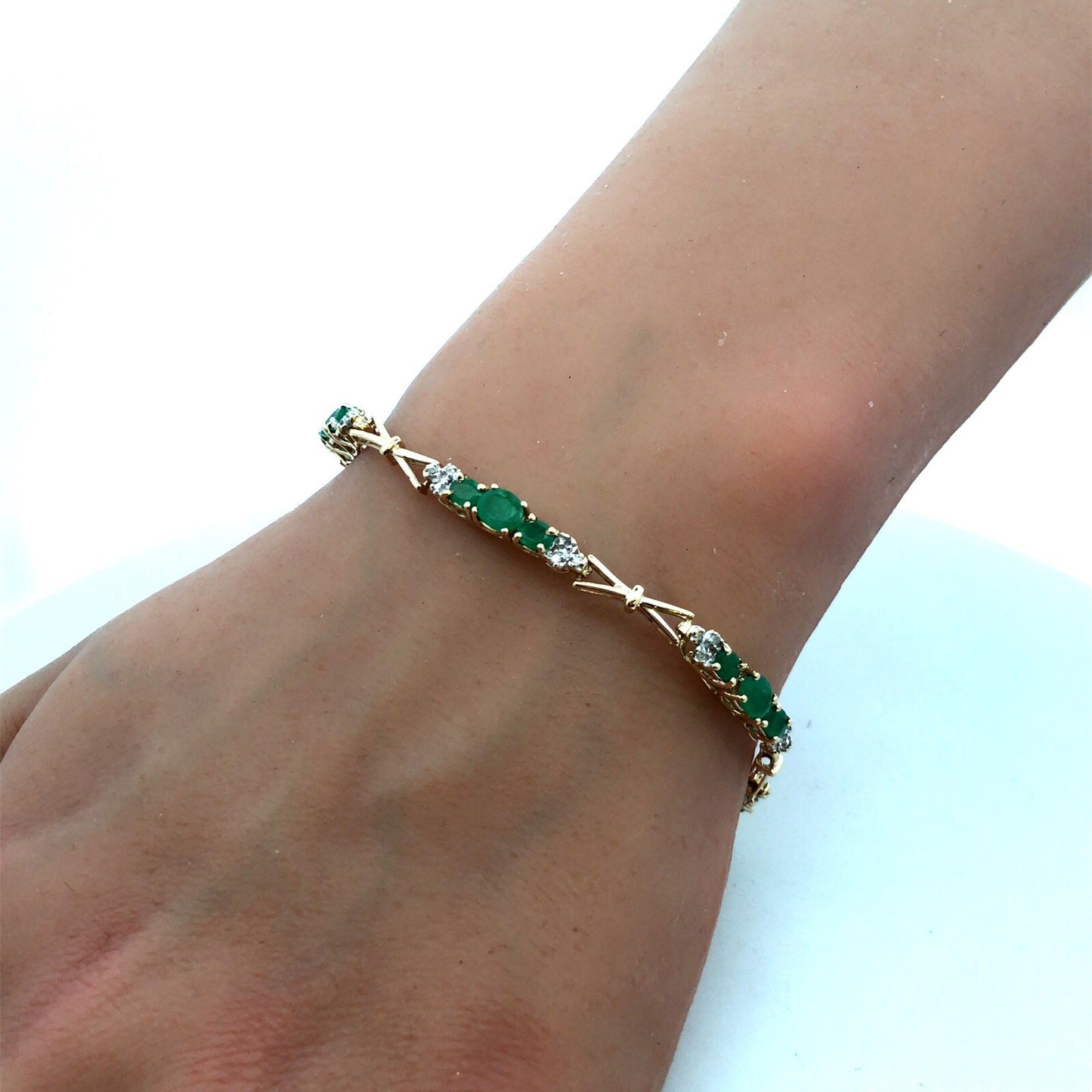 Designer SAY 14K Yellow Gold Oval Green Emerald Diamond Panel Tennis Bracelet