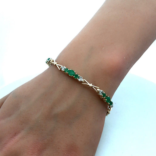 Designer SAY 14K Yellow Gold Oval Green Emerald Diamond Panel Tennis Bracelet