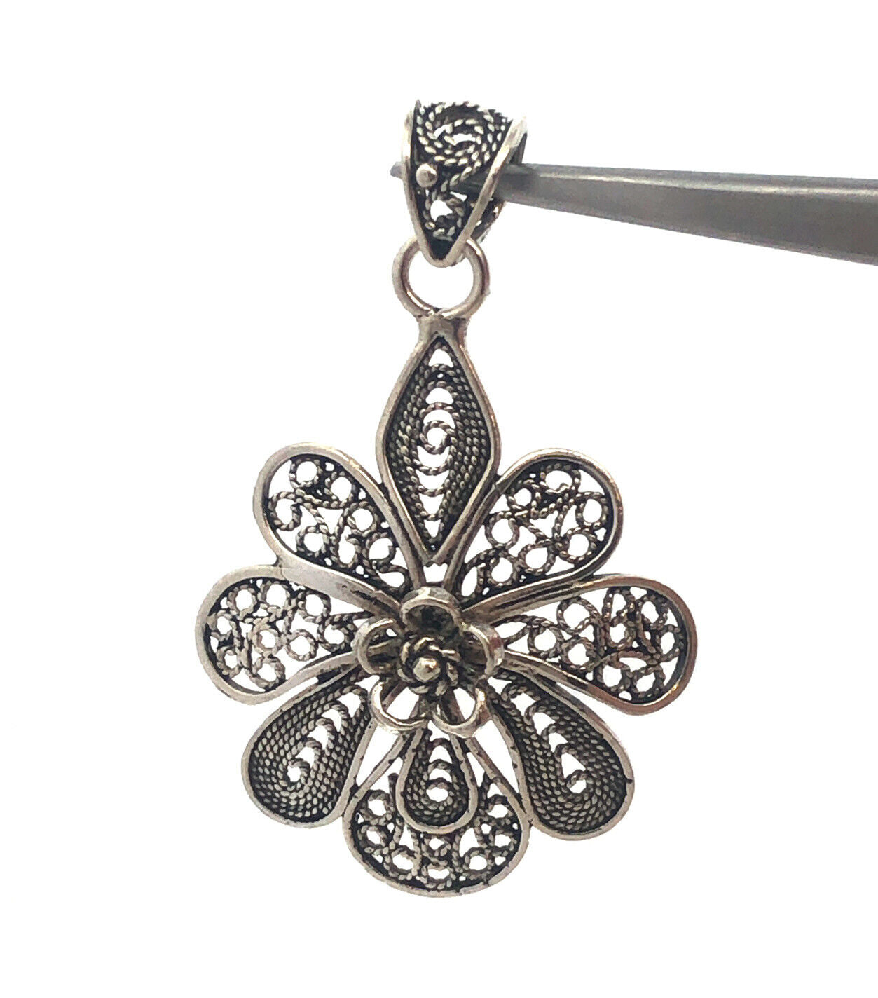 Vintage 925 Sterling Silver Filigree Detail Flower Statement Pendant