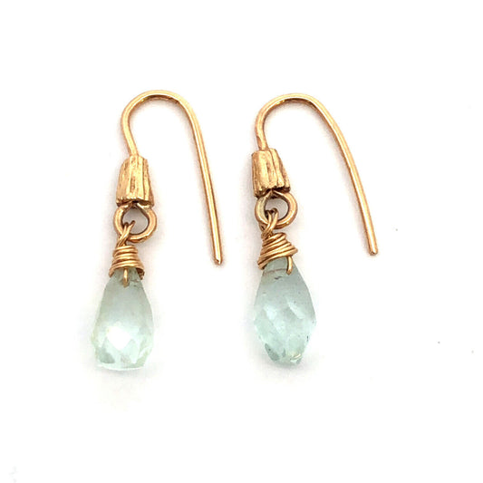 14k Yellow Gold Aquamarine Calming Soothing Dangle Hook Earrings