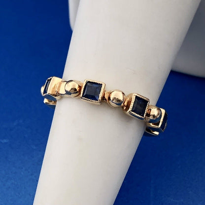 Vintage 18k Yellow Gold 750 Square Cut Blue Sapphire Band Ring Size 6