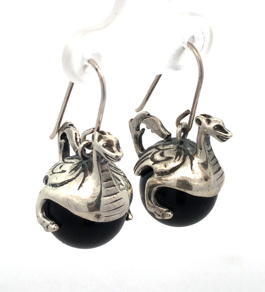 Museum Fine Arts  MFA 925 Sterling Silver Round Black Onyx Dragon Globe Earrings