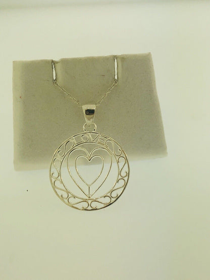 Sterling Silver 925 Heart Cutout Love Filigree Sweetheart Disc Pendant Necklace
