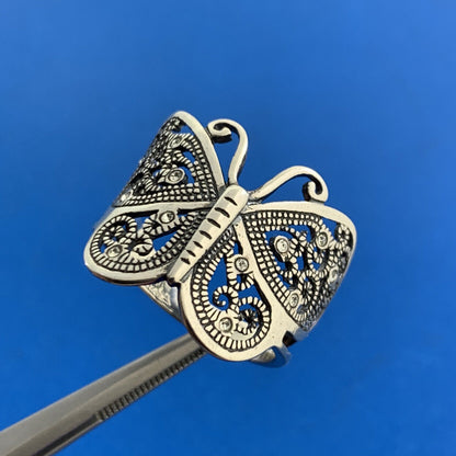 925 Sterling Silver Designer Filigree Cubic Zirconia CZ Butterfly Finger Ring