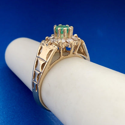 Modernist 14K Yellow Gold Emerald Diamond Halo Floral May Anniversary Ring