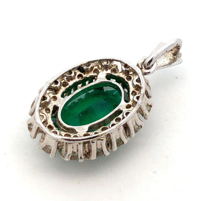 Estate 925 Sterling Silver Oval Green Round White Cubic Zirconia CZ Pendant