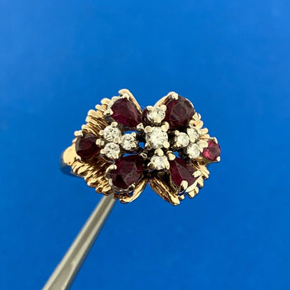 14K Yellow Gold Ruby Diamond Butterfly Cluster Statement Cocktail Ring