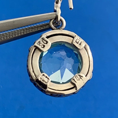 Designer DS ID Sterling Silver 18K Yellow Gold Round Blue Topaz Dangle Earrings