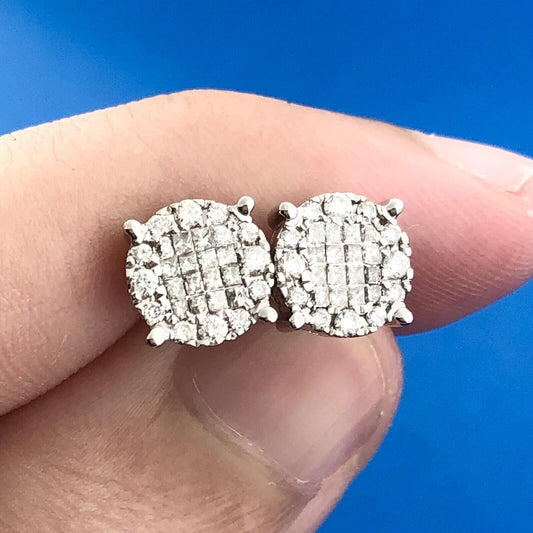 Classic 14K White Gold Princess Round Diamond Circle Cluster Stud Earrings