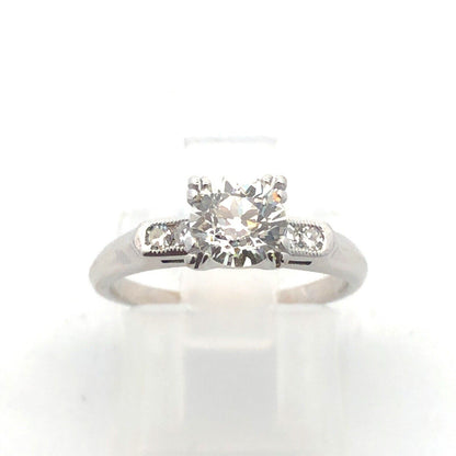 Vintage 14K White Gold Round Diamond Solitaire W/Accents Engagement Ring
