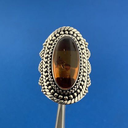 Stunning Sterling Silver 925 Cabochon Amber Statement Finger Ring Size 6