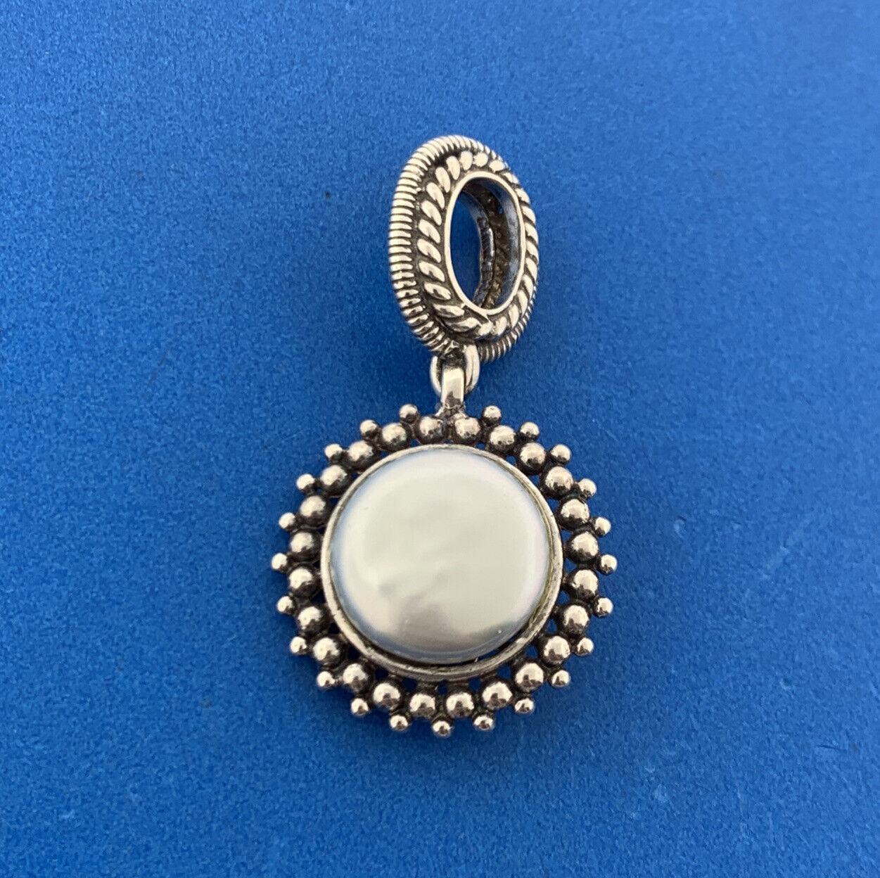 Designer BJ Sterling Silver 925 White Mabe Pearl Beaded Circle Dangle Pendant
