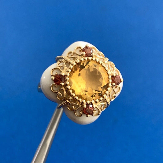 Designer 14K Yellow Gold Citrine Orange Tourmaline White Agate Statement Ring