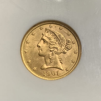 1901 $5 Five Dollar Coronet Head 90% Gold Half Eagle NGC MS63 Graded US Coin