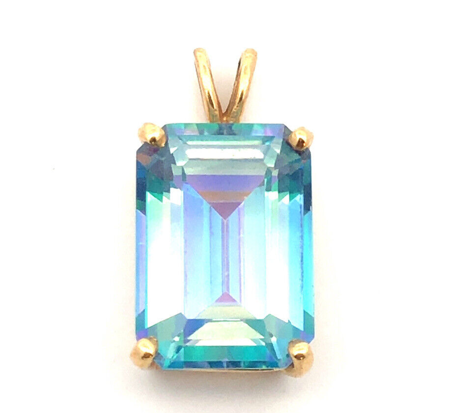 Gorgeous 10k Yellow Gold Emerald Cut Mystic Topaz Precious Statement Pendant