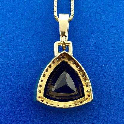 Custom 18K Yellow Gold Large Trillion Cut Lab Created Sapphire Diamond Pendant