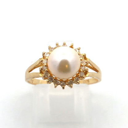 Designer 14K Yellow Gold Pearl Solitaire Diamond Halo Anniversary Cocktail Ring