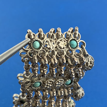 Vintage Silver Tone Floral Lattice Turquoise 7 Strand Statement Collar Necklace