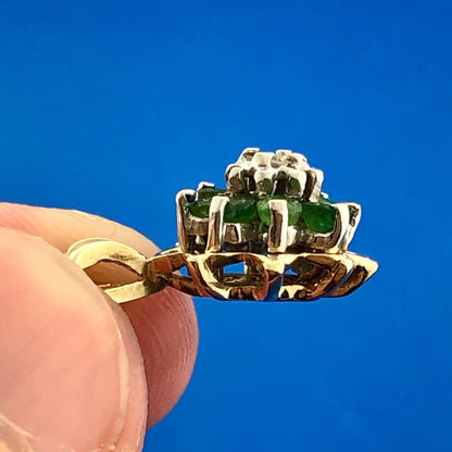 Estate 14K Yellow Gold Emerald Diamond Flower Cluster May Anniversary Pendant