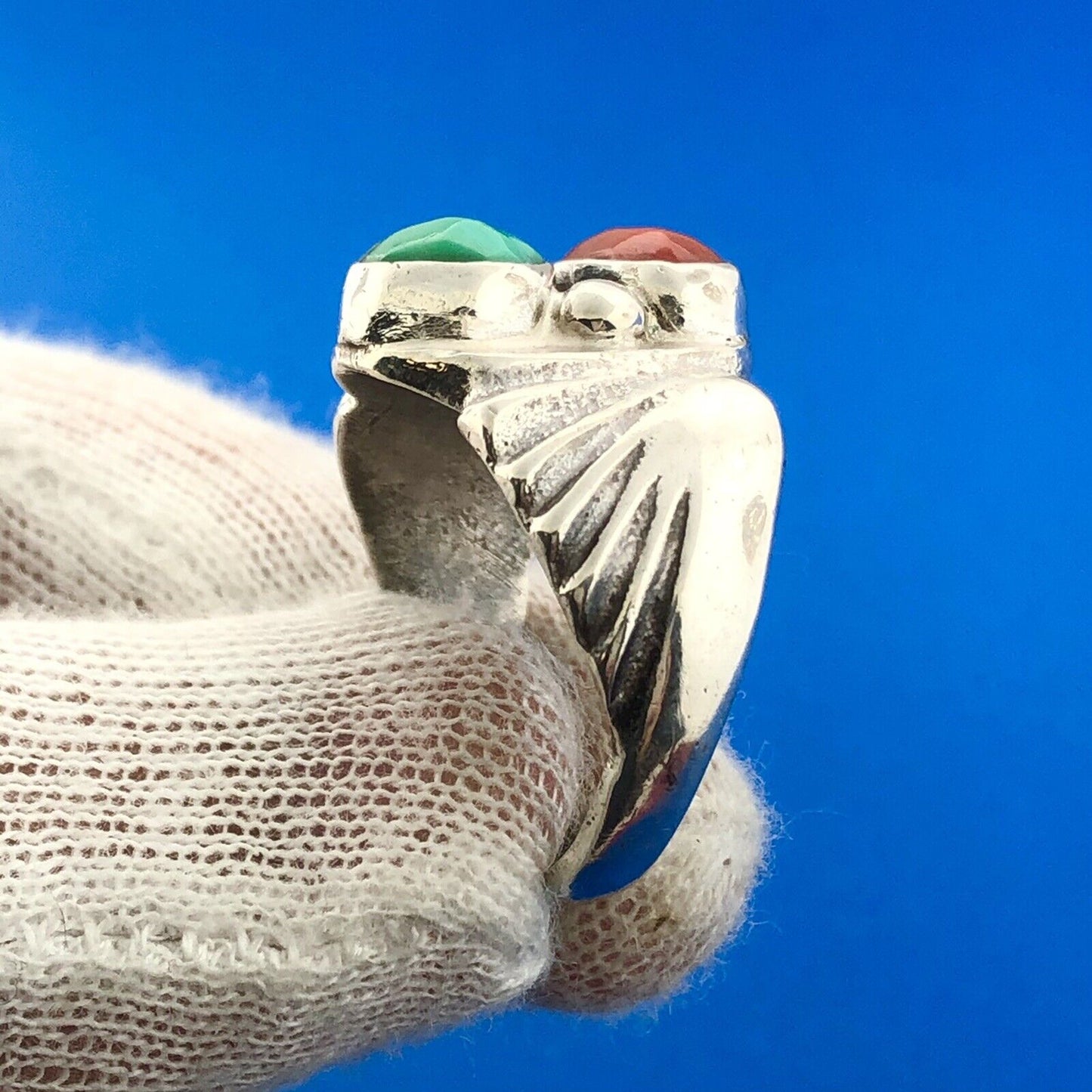 Stunning Sterling Silver 925 Chunky Turquoise Coral Wing Ring Size 10.5