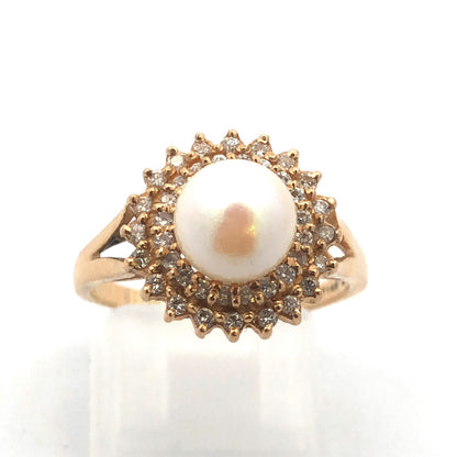 Vintage 14K Yellow Gold Pearl Solitaire Diamond Double Halo Cocktail Ring