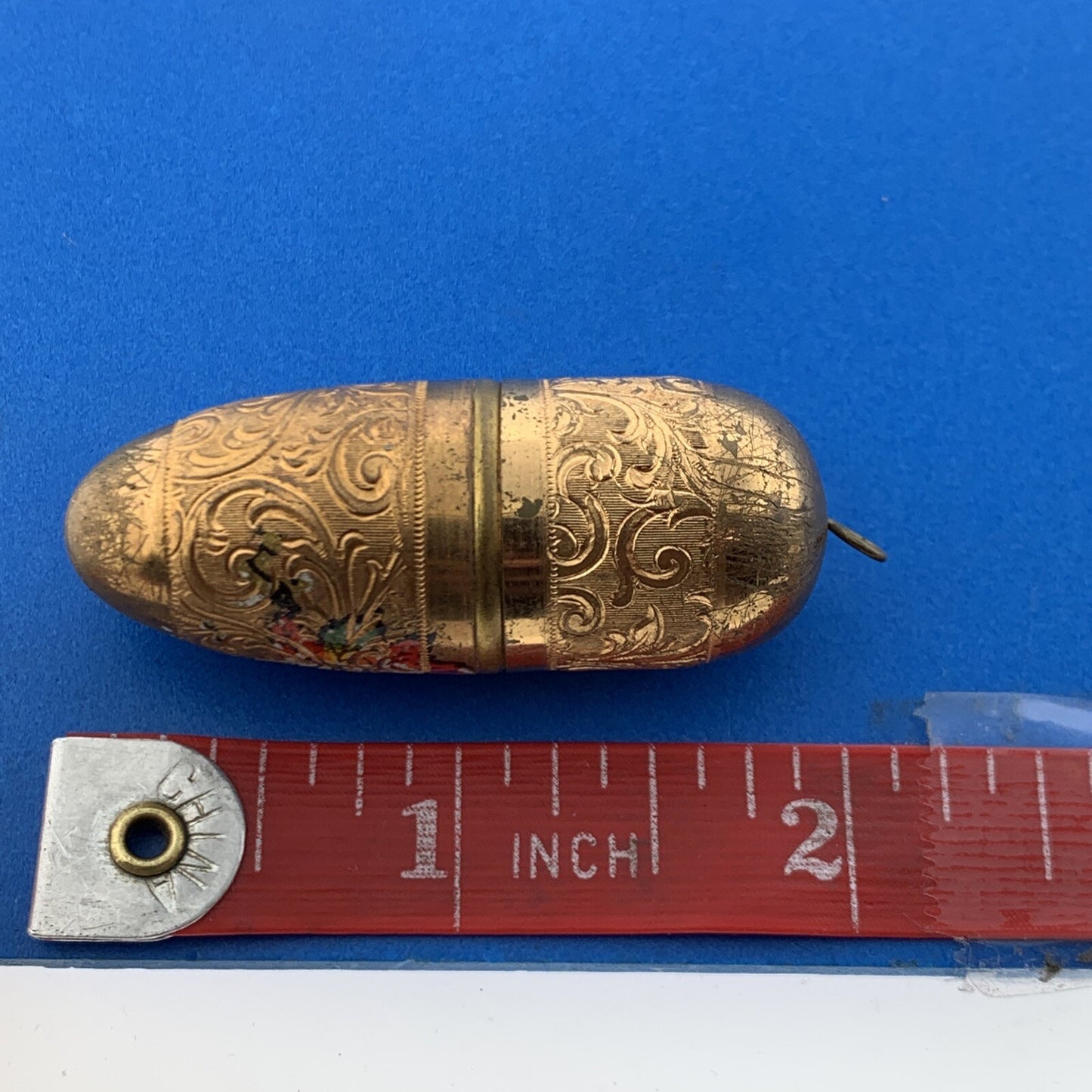 Antique German Germany Guilloche Floral Scroll Gold Tone Pendant Sewing Kit