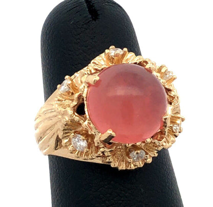 Vintage 14K Yellow Gold Round Morganite Diamond Flower Dome Cocktail Ring