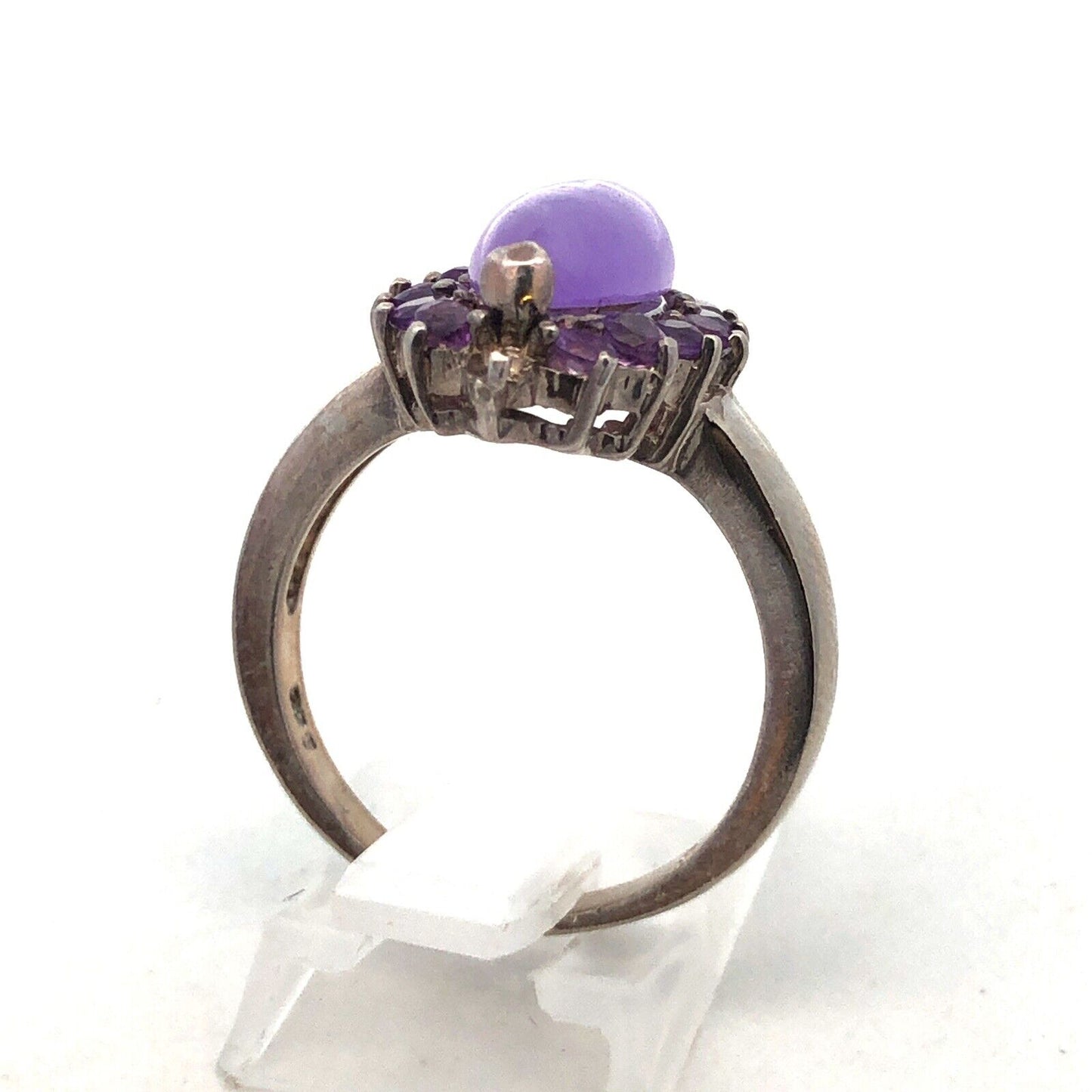 Vintage GSJ 925 Sterling Silver Marquise Purple Jade Amethyst Halo Cocktail Ring