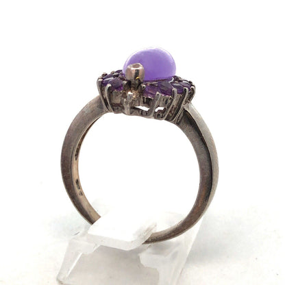 Vintage GSJ 925 Sterling Silver Marquise Purple Jade Amethyst Halo Cocktail Ring