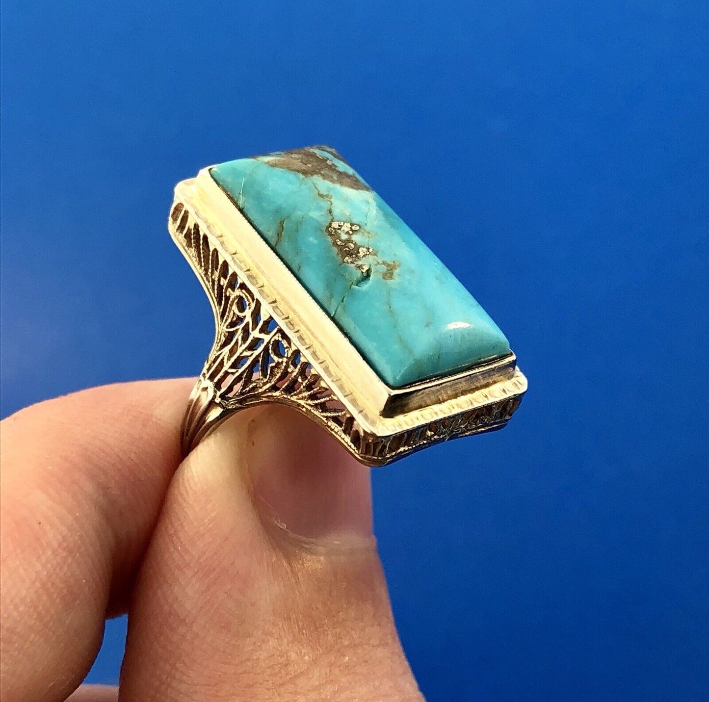Art Deco Designer G & Co 14K White Gold Turquoise Filigree Statement Dinner Ring