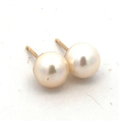 Estate 14K Yellow Gold Round White Pearl June Anniversary Stud Earrings