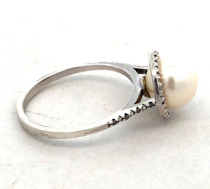 Designer 925 Sterling Silver Round Pearl Diamond Halo June Anniversary Ring