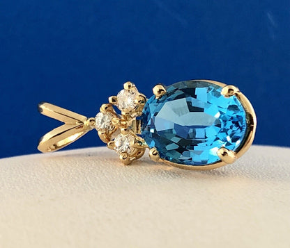 14K Yellow Gold London Blue Topaz Diamond Drop December Anniversary Pendant