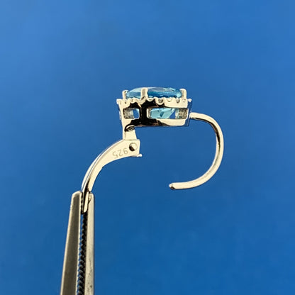 Designer 925 Sterling Silver Blue Topaz Diamond Halo Lever Back Earrings