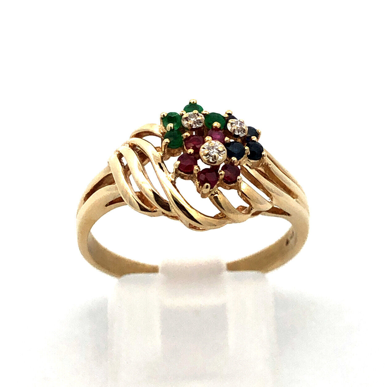 Designer 14K Yellow Gold Sapphire Ruby Emerald Diamond Flower Modernist Ring