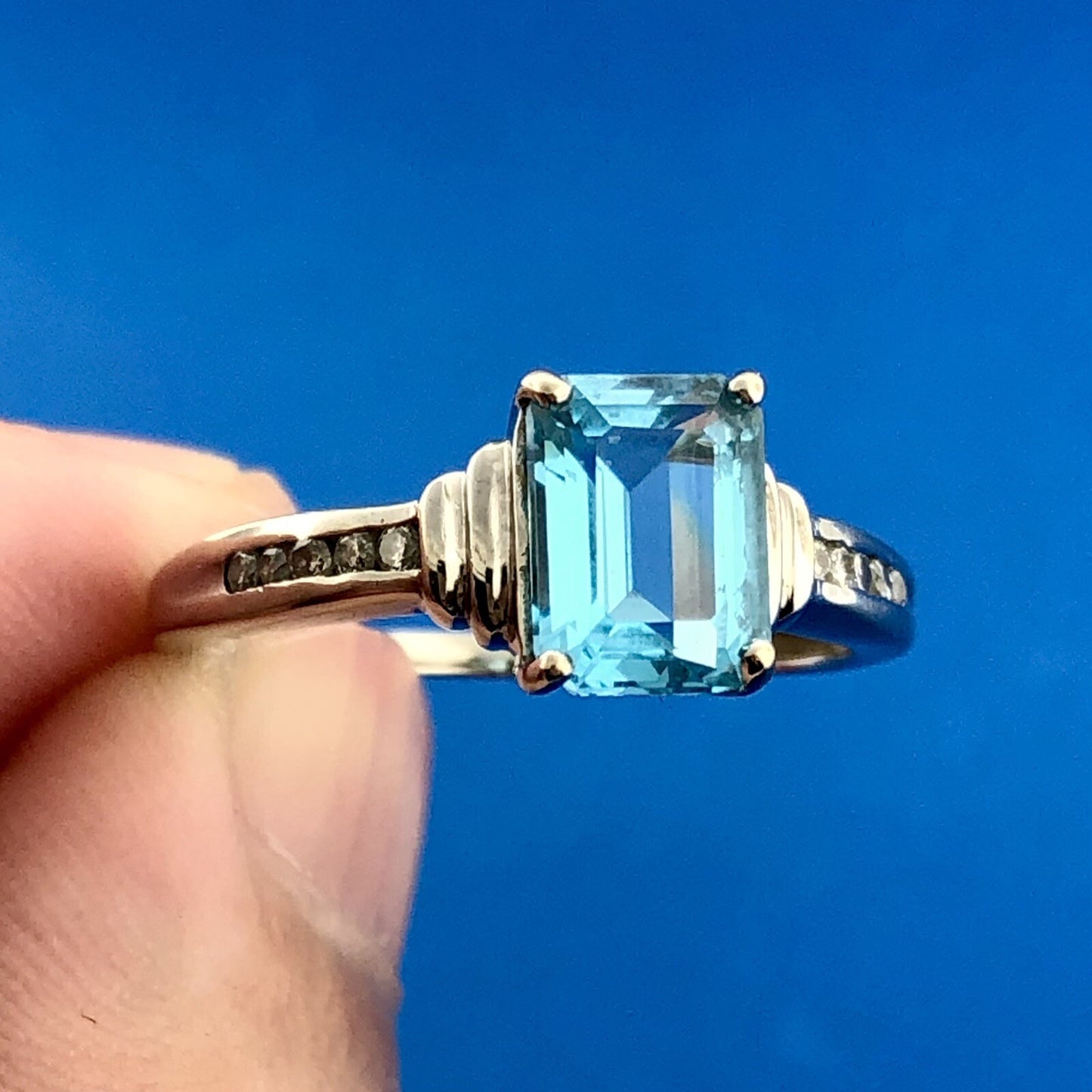 14K White Gold Rectangular Blue Topaz Diamond December Anniversary Cocktail Ring