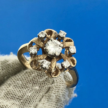 Vintage 14K Yellow Gold Diamond Flower Cluster Ribbon Style Cocktail Ring