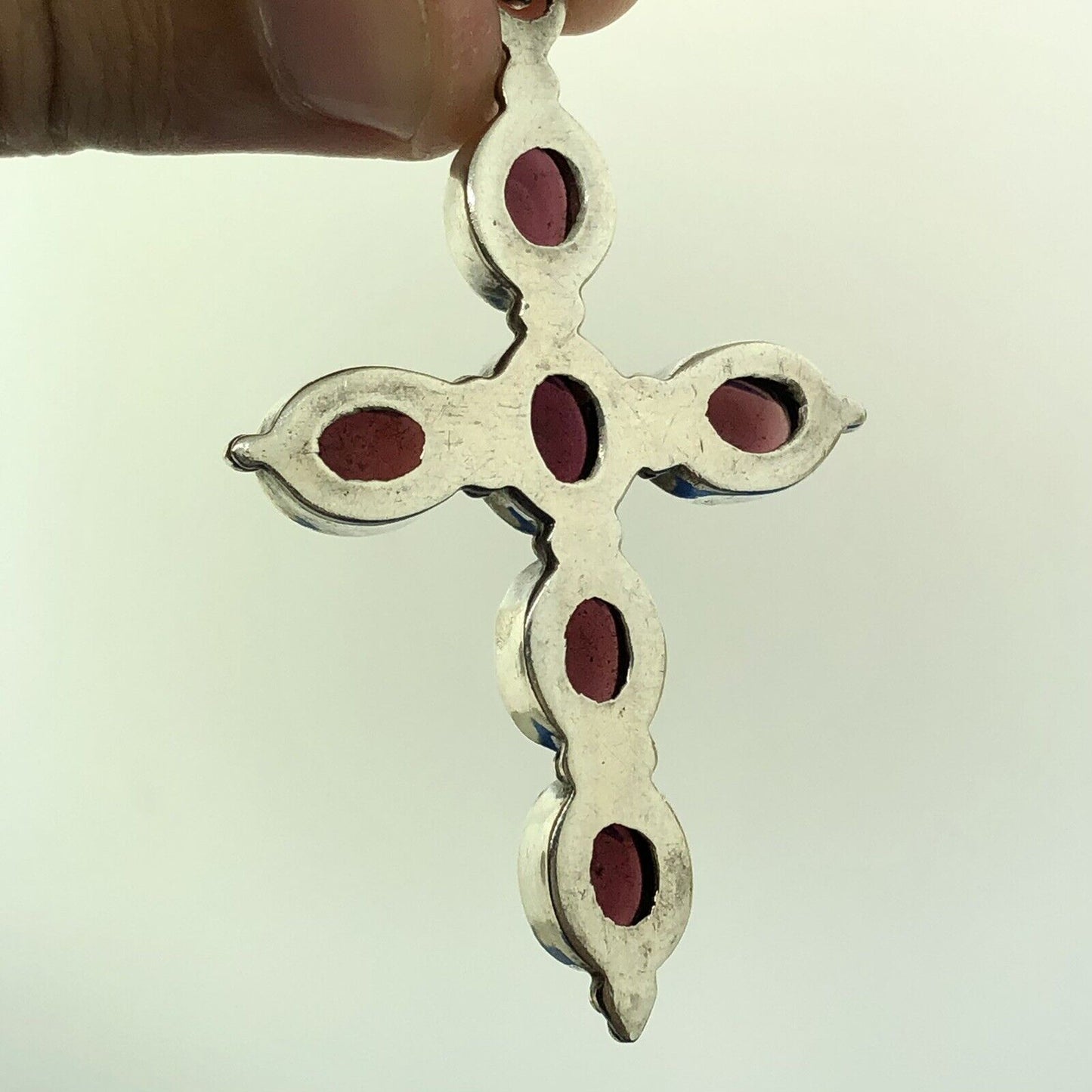 Vintage 925 Sterling Silver Amethyst Cabochon Statement Cross February Pendant