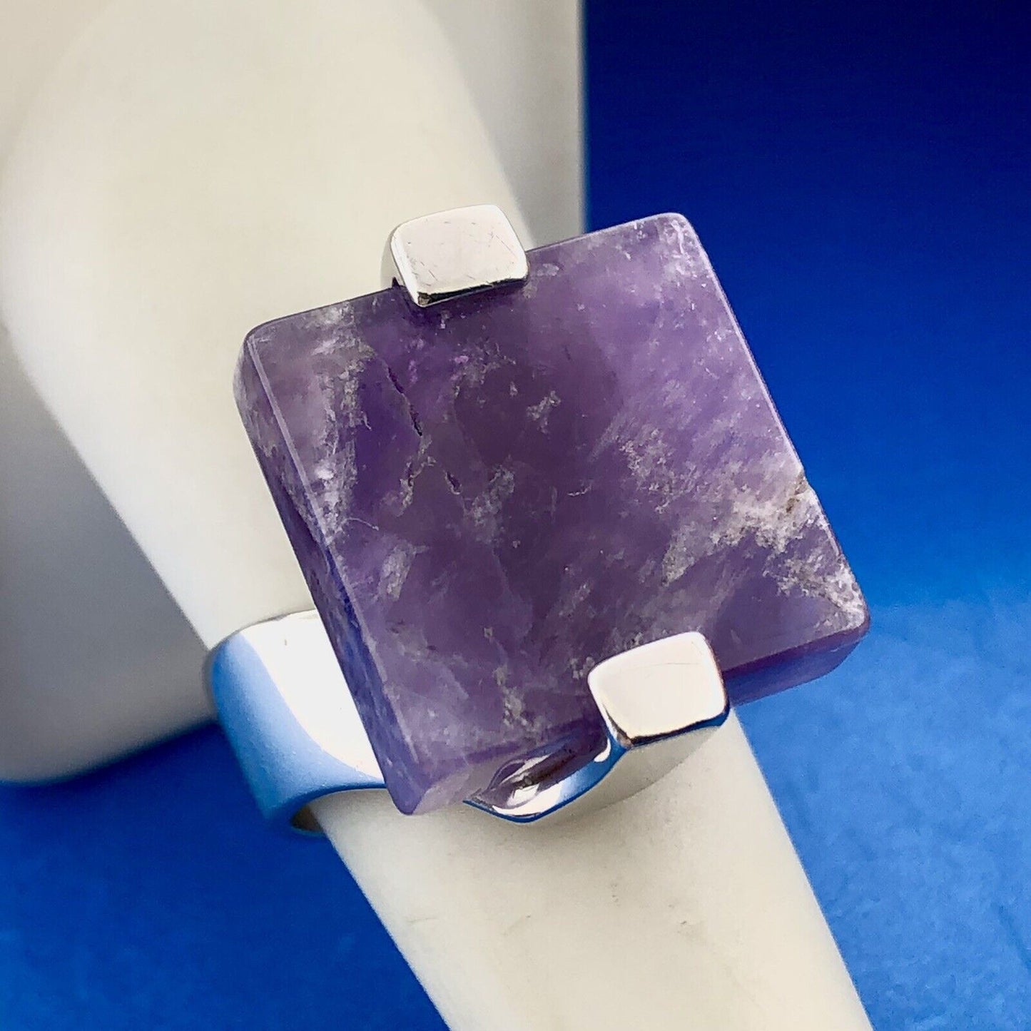 Stunning Sterling Silver 925 Square Cut Purple Amethyst Slab Ring Size 8.25
