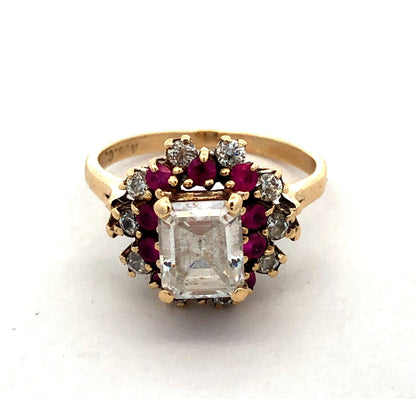 10K Yellow Gold ASC Emerald Cut White Tourmaline Ruby Halo Engagement Ring
