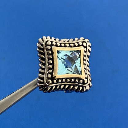 Designer Sterling Silver 14K Yellow Gold Princess Blue Topaz Omega Back Earrings