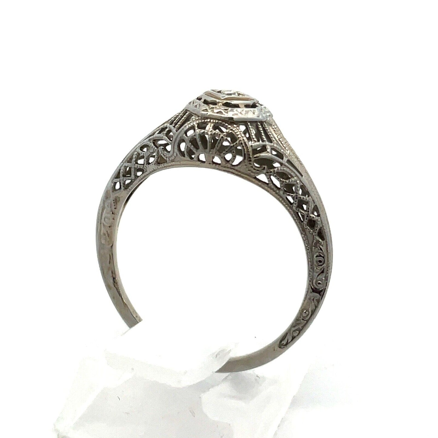 Vintage Designer Art Deco 18K White Gold Diamond Filigree Engagement Ring