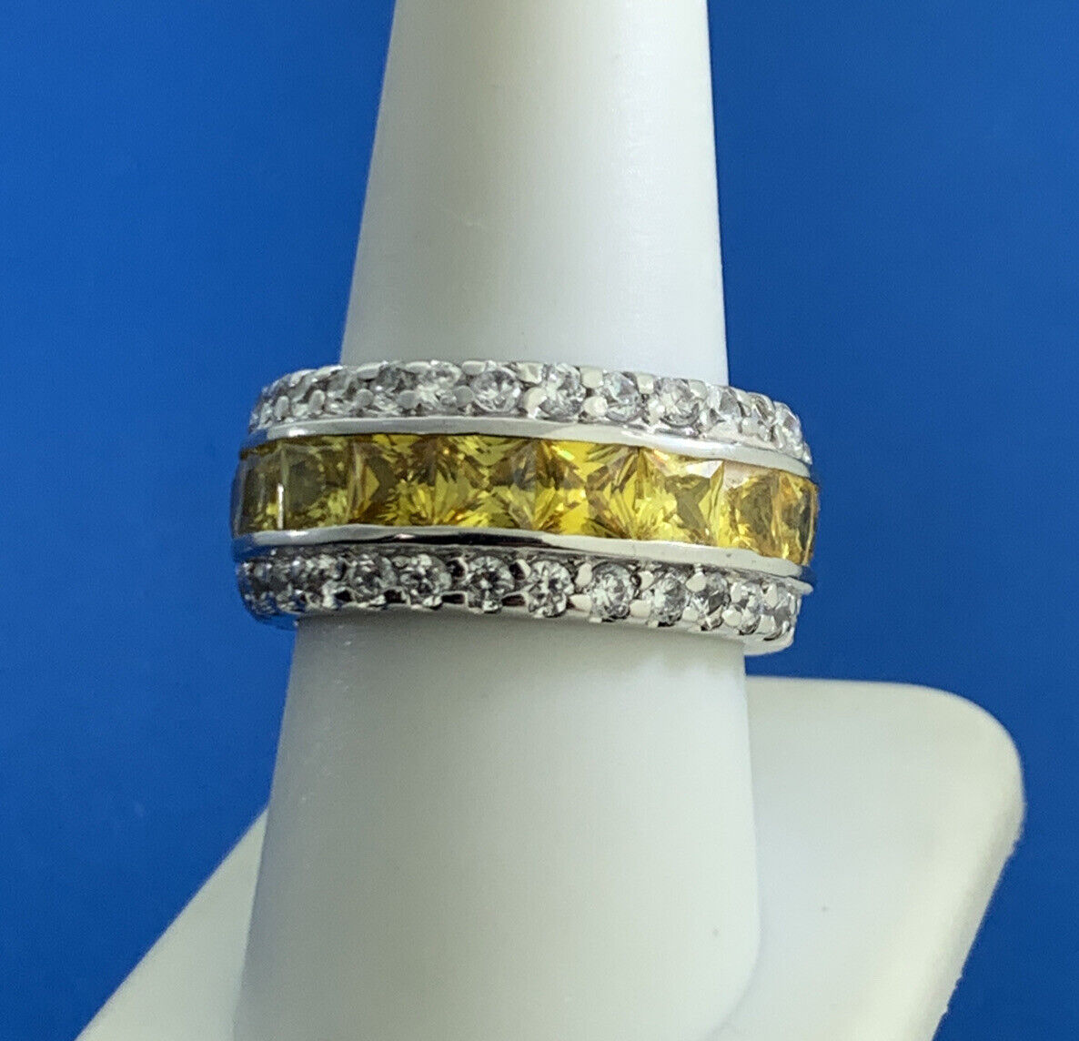 Designer 925 Sterling Silver Lemon & White Cubic Zirconia CZ Statement Band Ring