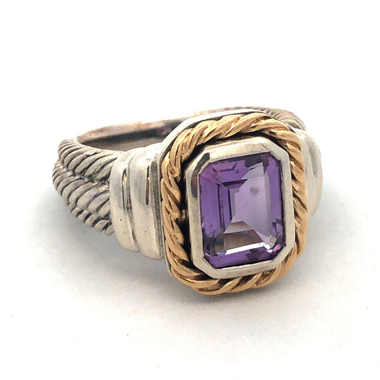 Designer CNA 925 Sterling Silver 14K Yellow Gold Emerald Cut Amethyst Sz 7 Ring