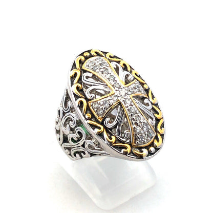Designer 925 Sterling Silver Gold Tone Accents CZ Open Work Cross Statement Ring
