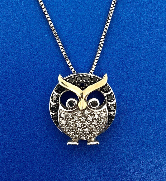 Designer 10K Yellow Gold Sterling Silver Black White Diamond Chubby Owl Necklace